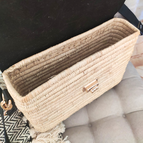 Sac à Bandoulière en Raphia avec Rabat en Cuir Naturel