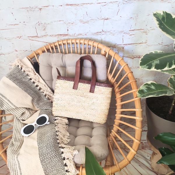Sac Panier en Feuilles de Palmier avec Anses en Cuir Courtes