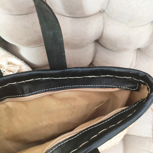 Sac Panier en Feuilles de Palmier avec Anses en Cuir Courtes