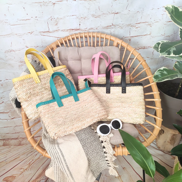 Sac Panier en Feuilles de Palmier avec Anses en Cuir Courtes