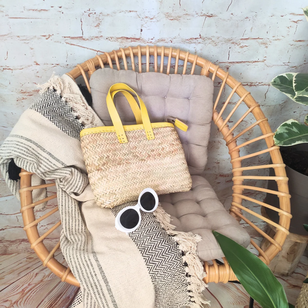 Sac Panier en Feuilles de Palmier avec Anses en Cuir Courtes