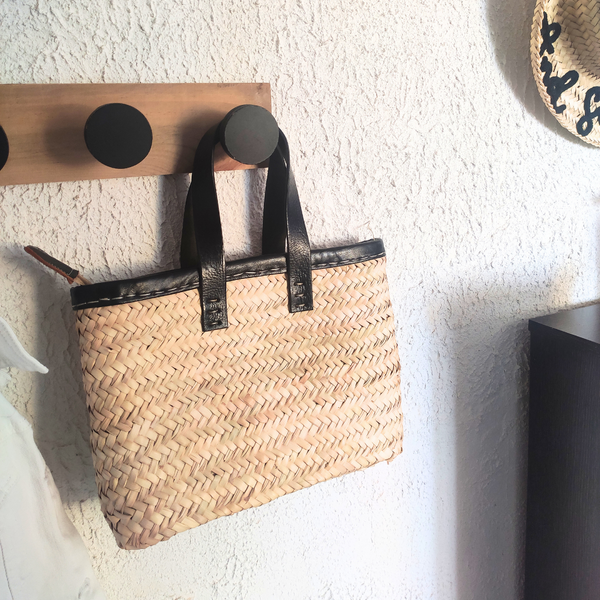 Sac Panier en Feuilles de Palmier avec Anses en Cuir Courtes