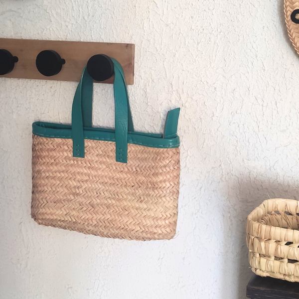 Sac Panier en Feuilles de Palmier avec Anses en Cuir Courtes