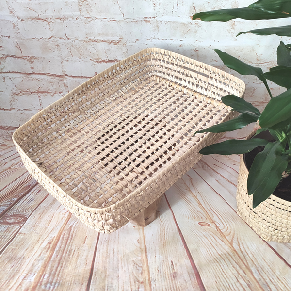 Grand Panier Plateau en Feuilles de Palmier Tressées, taille L