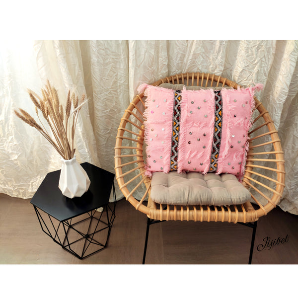 Coussin sequins rose tissé et brodé à la main