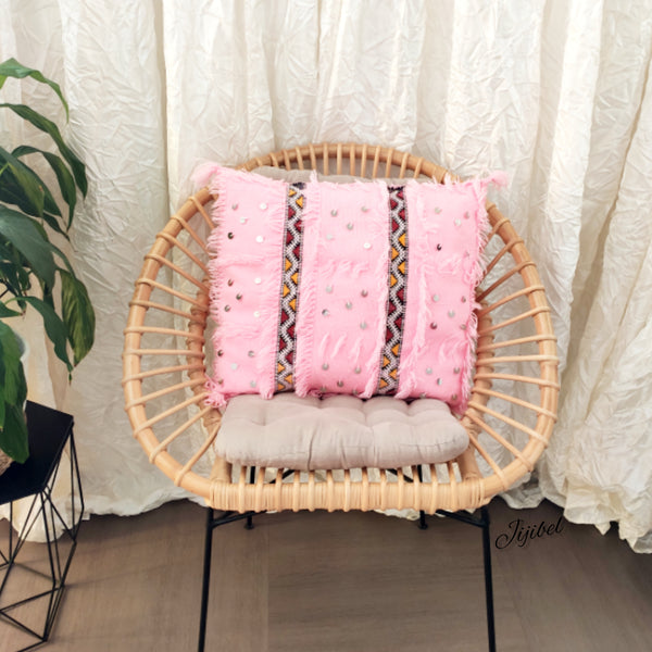 Coussin sequins rose tissé et brodé à la main