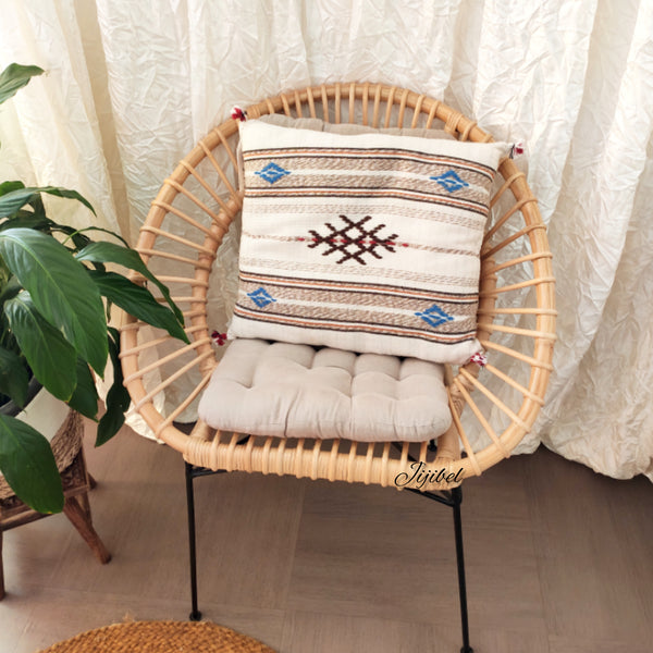 Coussin blanc beige tissé et brodé à la main