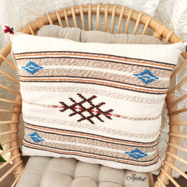 Coussin blanc beige tissé et brodé à la main