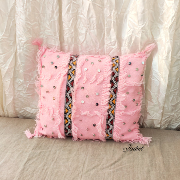 Coussin sequins rose tissé et brodé à la main