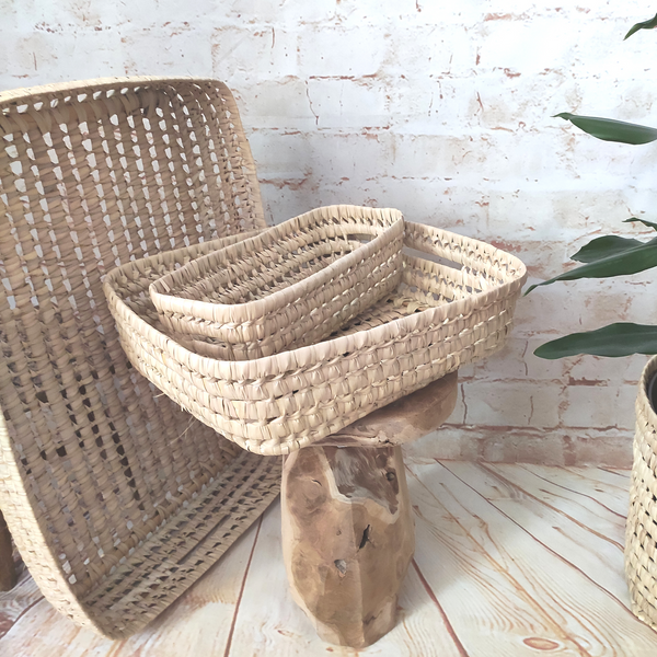 Grand Panier Plateau en Feuilles de Palmier Tressées, taille L
