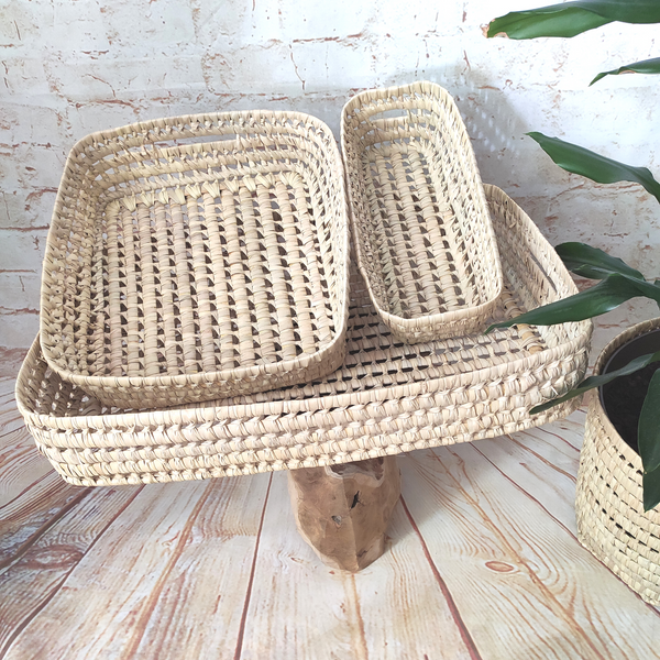 Grand Panier Plateau en Feuilles de Palmier Tressées, taille L