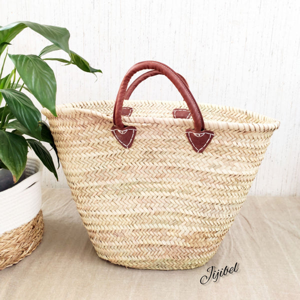 Panier - Grand Panier En Paille Avec Des Poignées En Cuir Naturelle