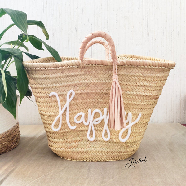 Panier - Panier XL à Pompon Cuir Et Anses En Cuir Tressé Personnalisable
