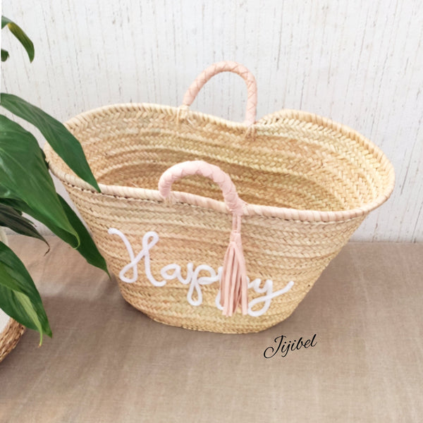 Panier - Panier XL à Pompon Cuir Et Anses En Cuir Tressé Personnalisable