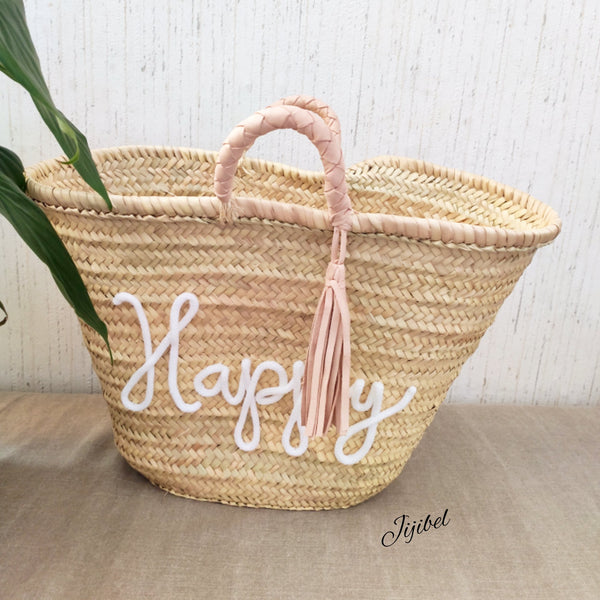 Panier - Panier XL à Pompon Cuir Et Anses En Cuir Tressé Personnalisable