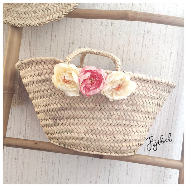 Panier - Petit Panier Marocain En Osier Personnalisé Fleurs Pivoines