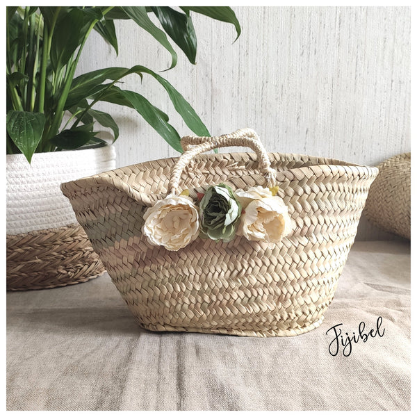 Panier - Petit Panier Marocain En Osier Personnalisé Fleurs Pivoines