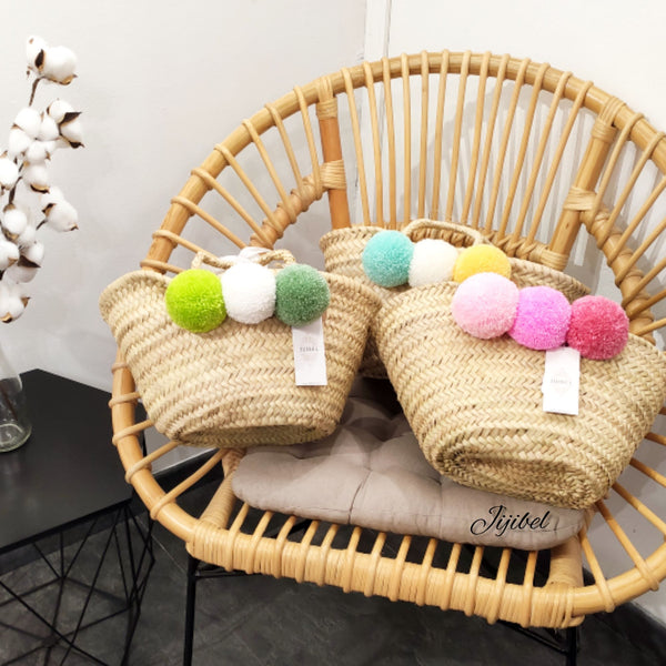 Panier - Petit Panier Marocain En Osier Personnalisé Pompons Et Prénom